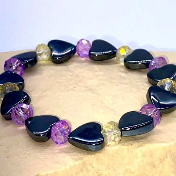 ✨🆕✨ Natural Stones Black Hematite Heart Purple + Iridescent Spacers Bracelet✨ - Picture 6 of 15